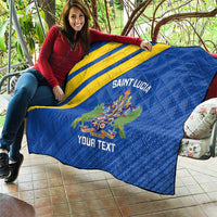 Blue quilt draped over sofa, yellow diagonal stripe, Saint Lucia crest, and “Your Text”