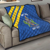 Blue quilt with yellow diagonal stripes on couch, Saint Lucia crest and “Your Text”