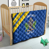 Blue baby quilt with yellow diagonal stripes, Saint Lucia crest, and “Your Text”