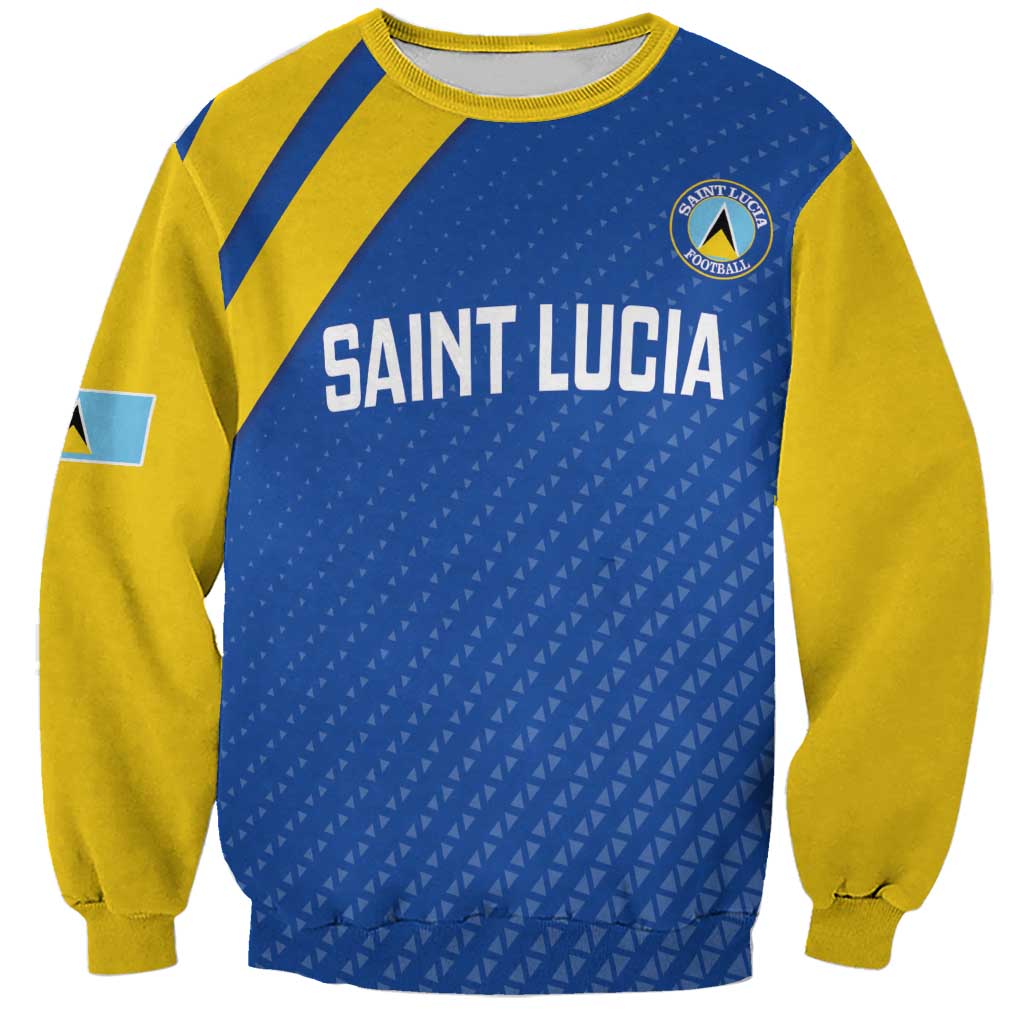 Blue and yellow crewneck football sweatshirt with Saint Lucia graphic and logo patch
