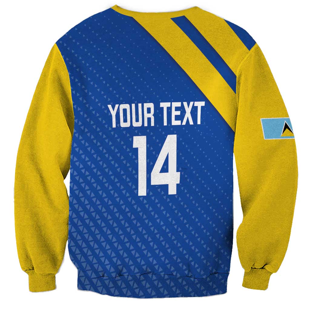 Blue crewneck football sweatshirt with yellow stripes, 'YOUR TEXT' and '14' back print