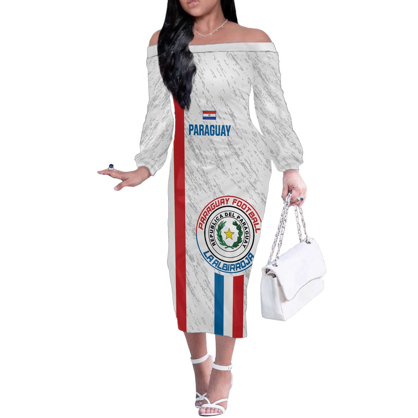 Custom Paraguay Football Off The Shoulder Long Sleeve Dress Vamos Albirroja