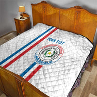 White Paraguay football quilt on a bed, showing crest emblem and “YOUR TEXT”