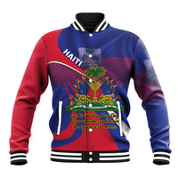 Blue/red baseball jacket with striped collar, snap front, Haiti Flag Day hero graphic