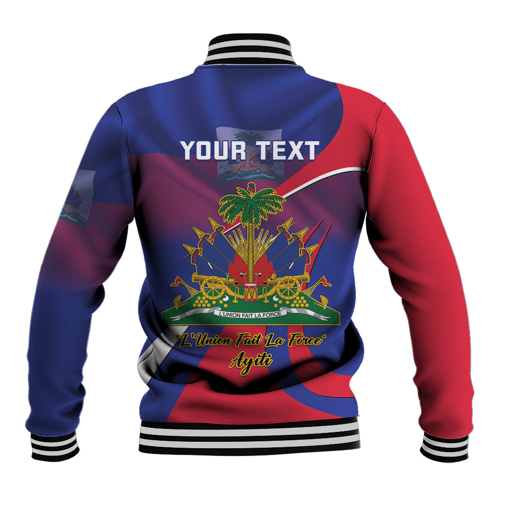Back view blue/red baseball jacket with striped cuffs and 'YOUR TEXT' Haiti graphic