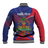 Back view blue/red baseball jacket with striped cuffs and 'YOUR TEXT' Haiti graphic