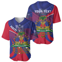 Blue and red baseball jersey set, front “HAITI” and back “YOUR TEXT” flag design.
