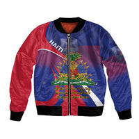 Blue and red satin bomber jacket with front zipper and Haiti emblem graphic