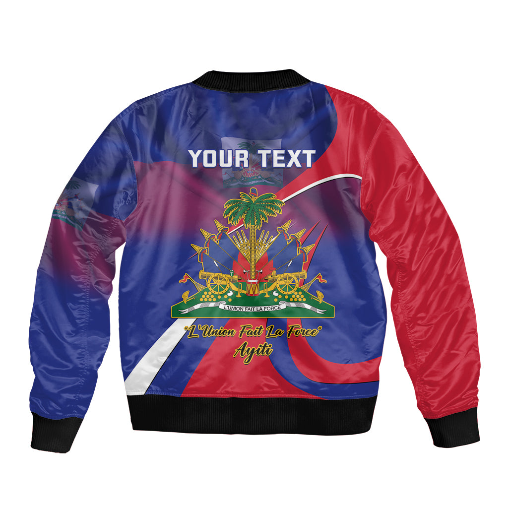 Blue and red bomber jacket with black ribbed cuffs; central crest and 'YOUR TEXT'