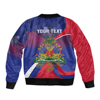 Blue and red bomber jacket with black ribbed cuffs; central crest and 'YOUR TEXT'