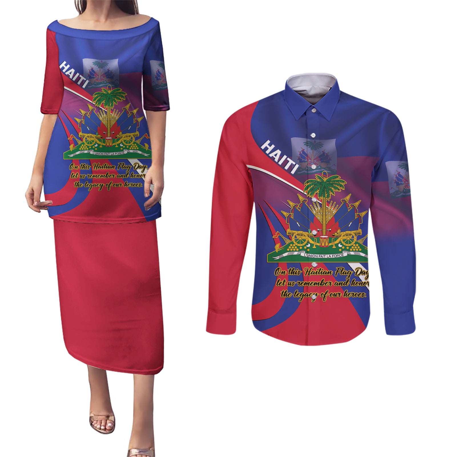 Personalised Haiti Flag Day Couples Matching Puletasi and Long Sleeve Button Shirt Lest Us Remember Our Heroes - Wonder Print Shop