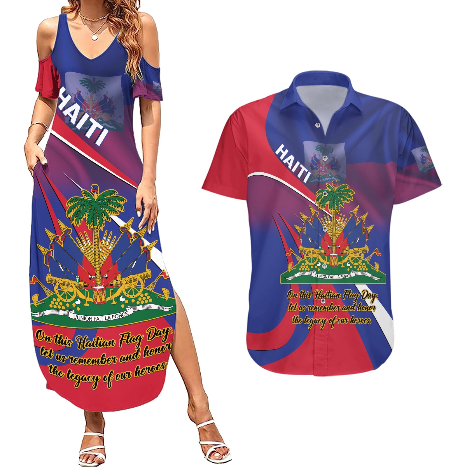 Personalised Haiti Flag Day Couples Matching Summer Maxi Dress and Hawaiian Shirt Lest Us Remember Our Heroes - Wonder Print Shop