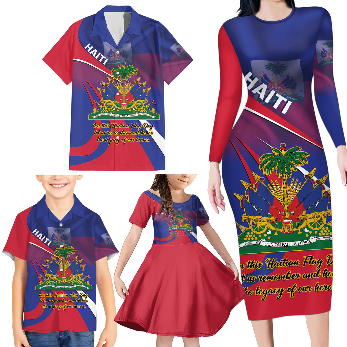 Personalised Haiti Flag Day Family Matching Long Sleeve Bodycon Dress and Hawaiian Shirt Lest Us Remember Our Heroes - Wonder Print Shop