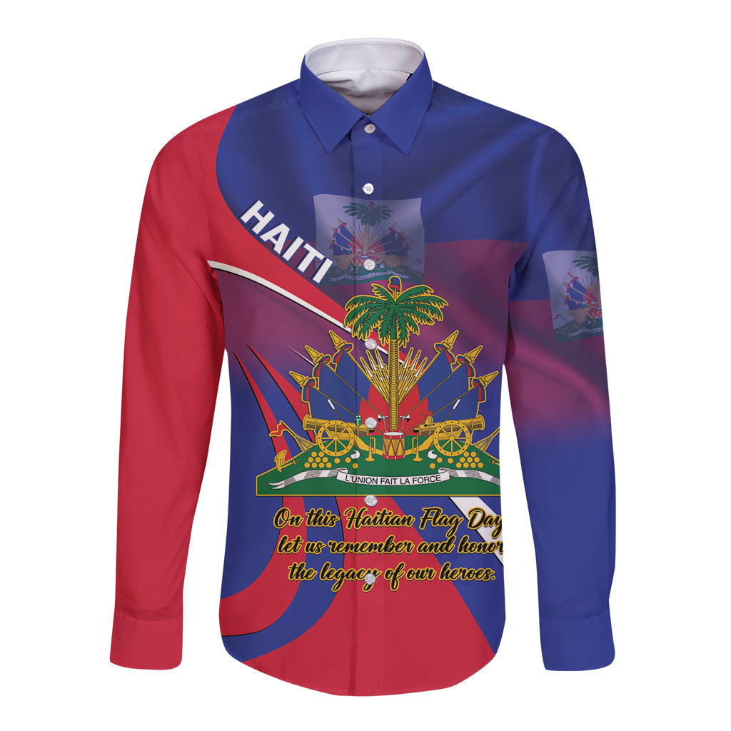 Unisex long-sleeve button shirt, blue and red with Haiti Flag Day front graphic