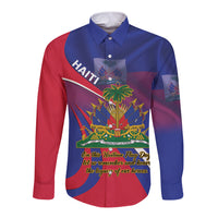 Unisex long-sleeve button shirt, blue and red with Haiti Flag Day front graphic