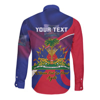 Unisex long-sleeve button shirt, blue and red with back crest and 'YOUR TEXT'