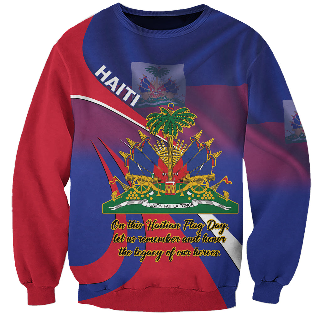Unisex blue and red sweatshirt with Haiti graphic and slogan print, crew neck