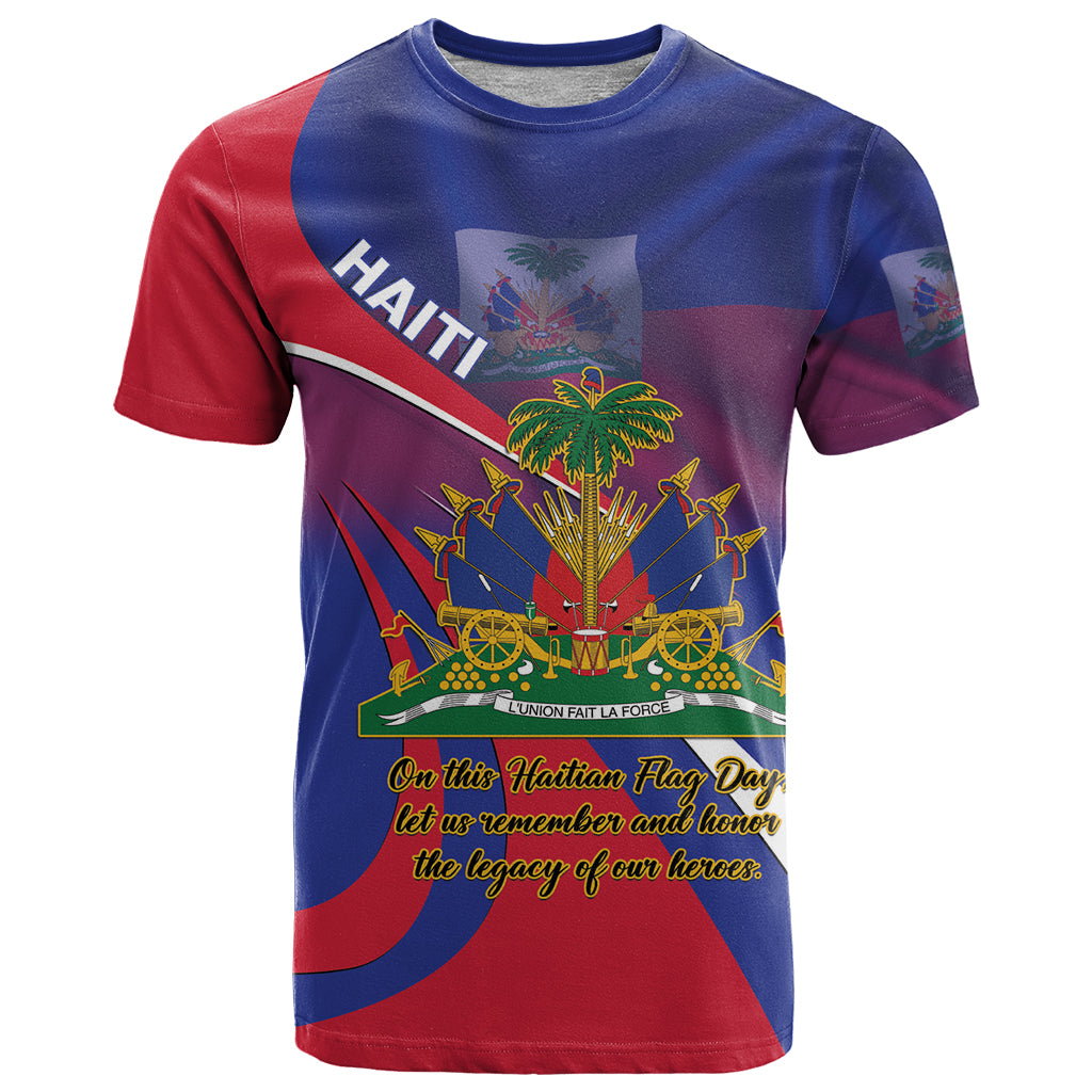 Blue and red T-shirt with 'HAITI' print and Haitian Flag Day message, palm tree emblem