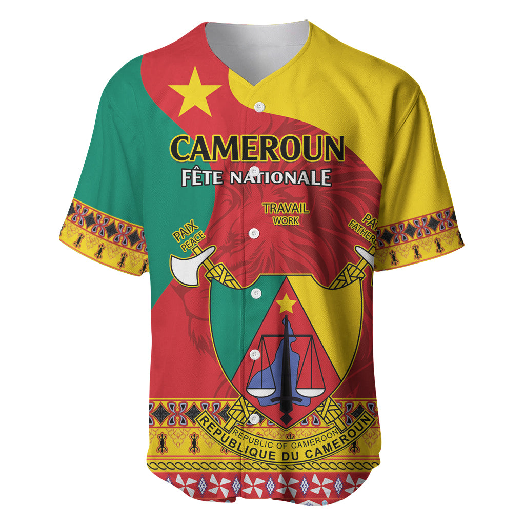 Personalised Cameroon National Day Baseball Jersey Cameroun Coat Of Arms With Atoghu Pattern - Wonder Print Shop