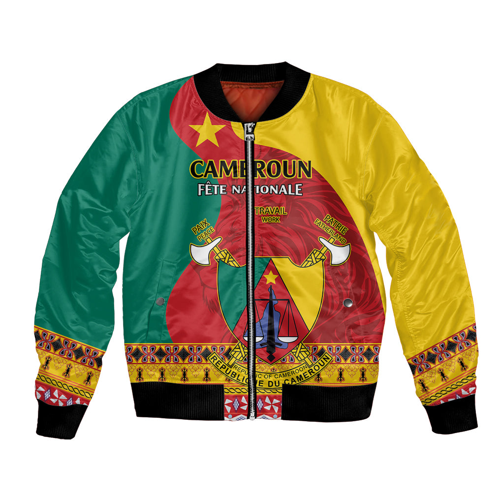 Cameroon flag bomber jacket with zipper, crest front and Atoghu-style patterned trim