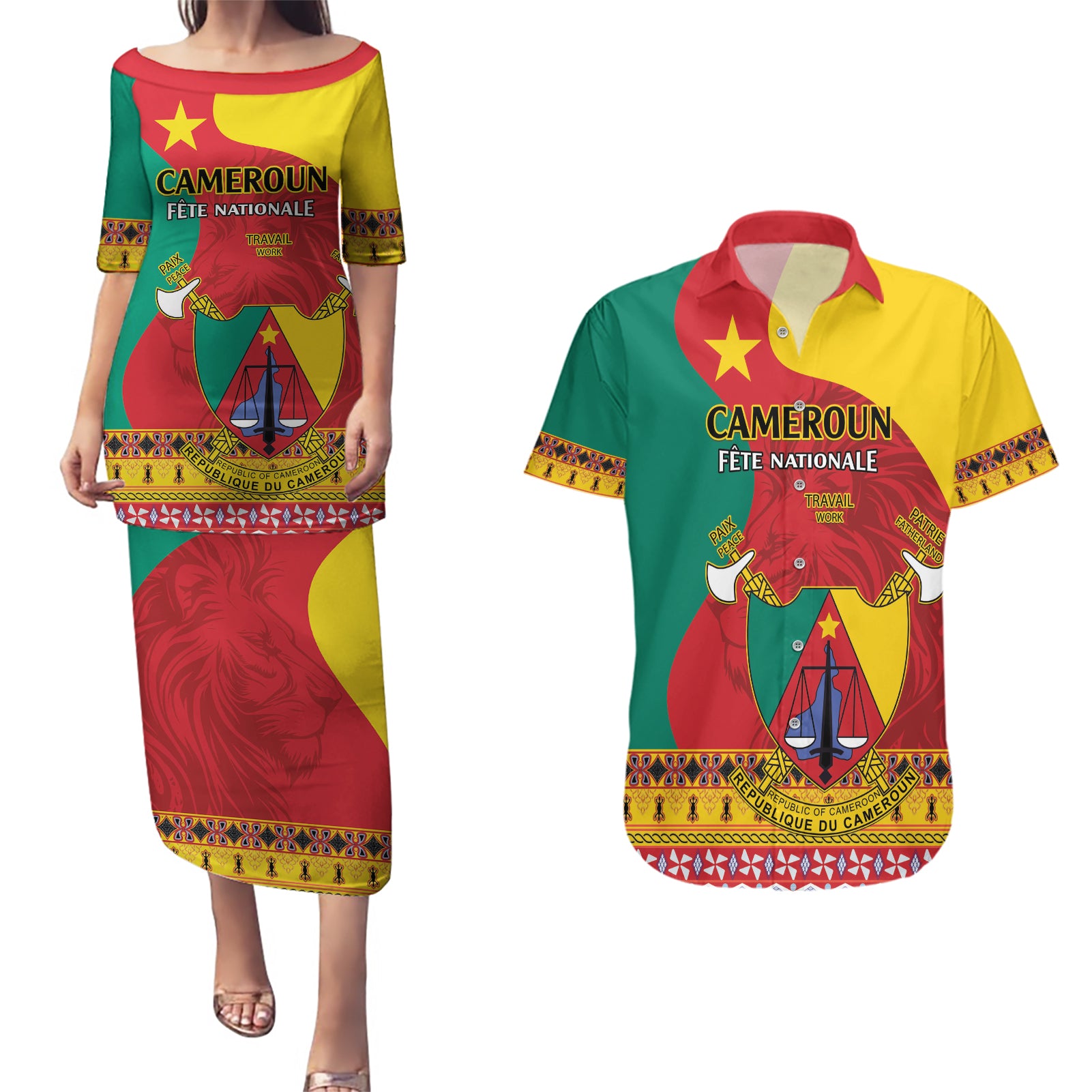 Personalised Cameroon National Day Couples Matching Puletasi and Hawaiian Shirt Cameroun Coat Of Arms With Atoghu Pattern - Wonder Print Shop