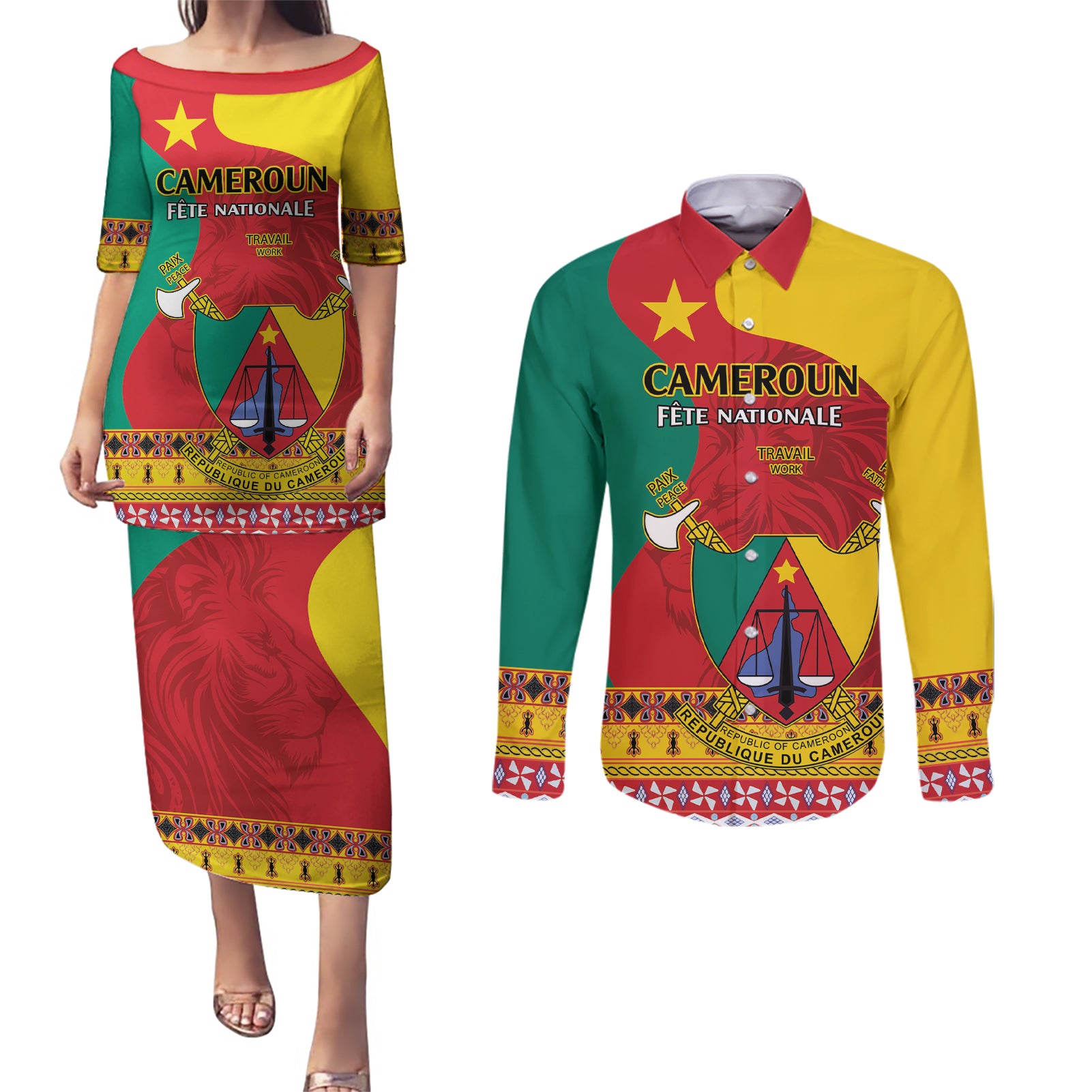 Personalised Cameroon National Day Couples Matching Puletasi and Long Sleeve Button Shirt Cameroun Coat Of Arms With Atoghu Pattern - Wonder Print Shop