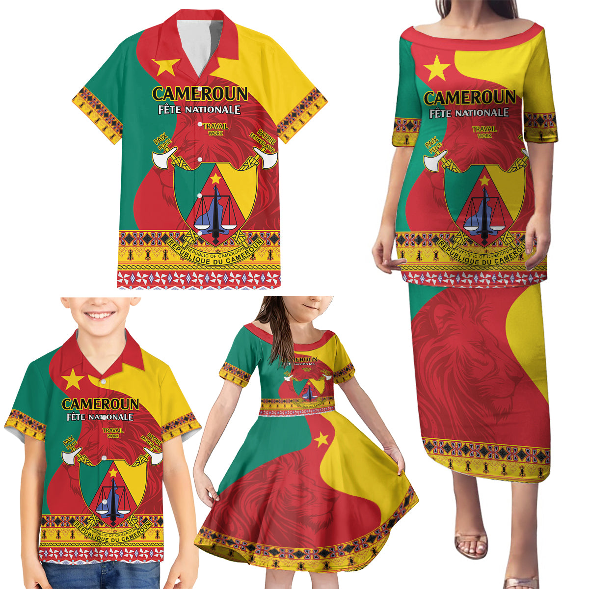 Personalised Cameroon National Day Family Matching Puletasi and Hawaiian Shirt Cameroun Coat Of Arms With Atoghu Pattern - Wonder Print Shop