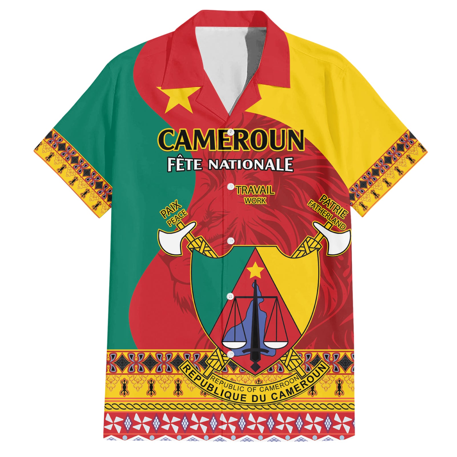 Personalised Cameroon National Day Hawaiian Shirt Cameroun Coat Of Arms With Atoghu Pattern - Wonder Print Shop