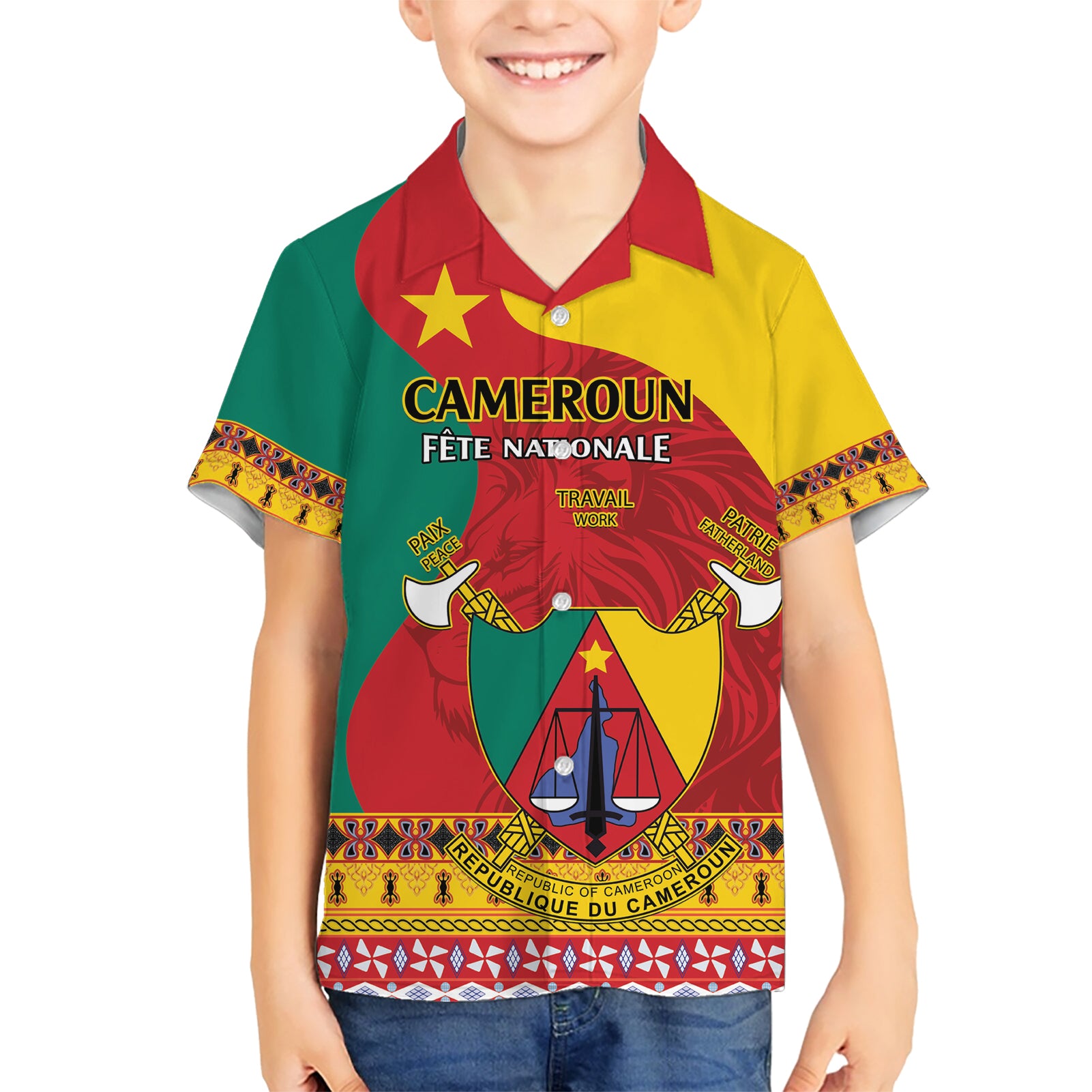 Personalised Cameroon National Day Kid Hawaiian Shirt Cameroun Coat Of Arms With Atoghu Pattern - Wonder Print Shop