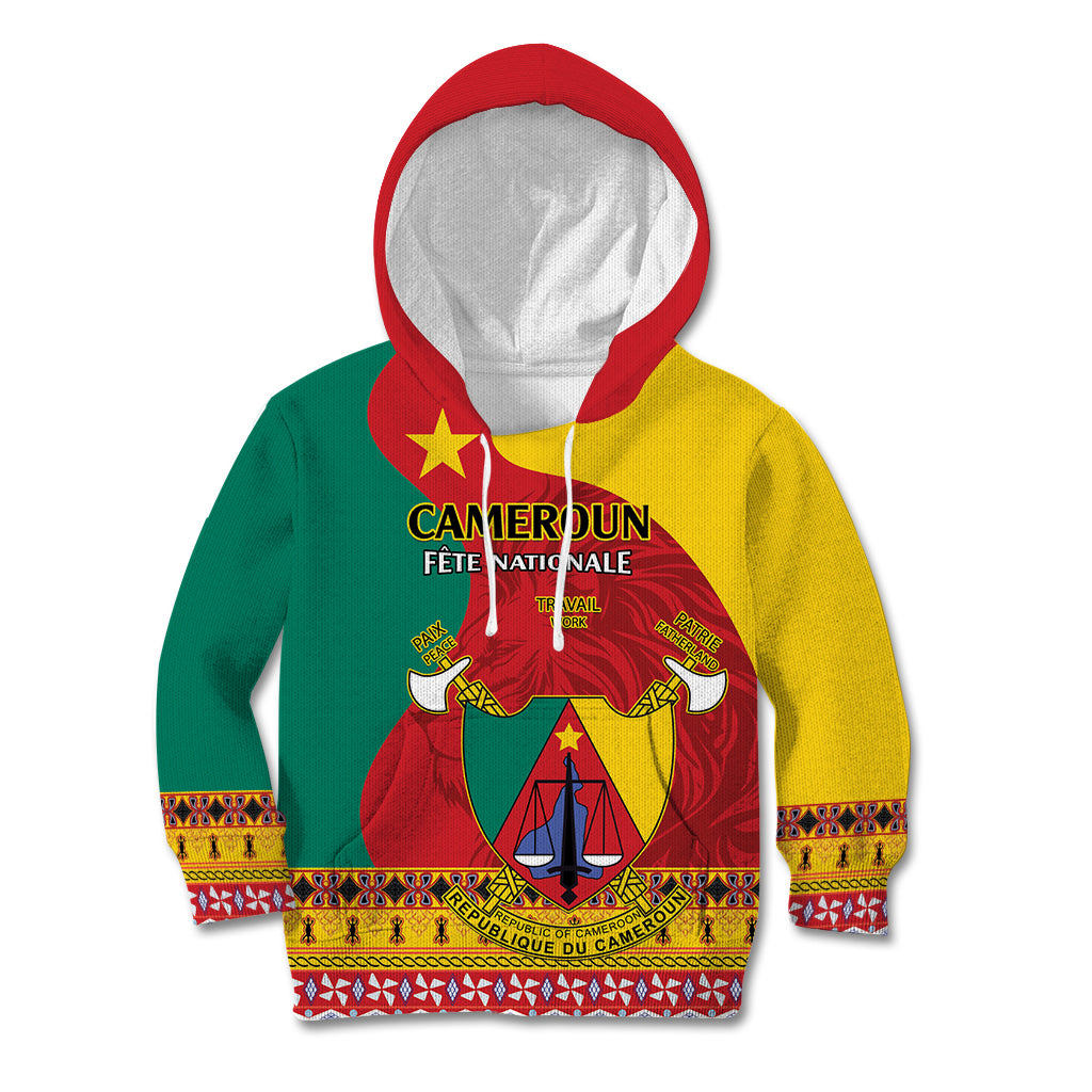 Personalised Cameroon National Day Kid Hoodie Cameroun Coat Of Arms With Atoghu Pattern - Wonder Print Shop