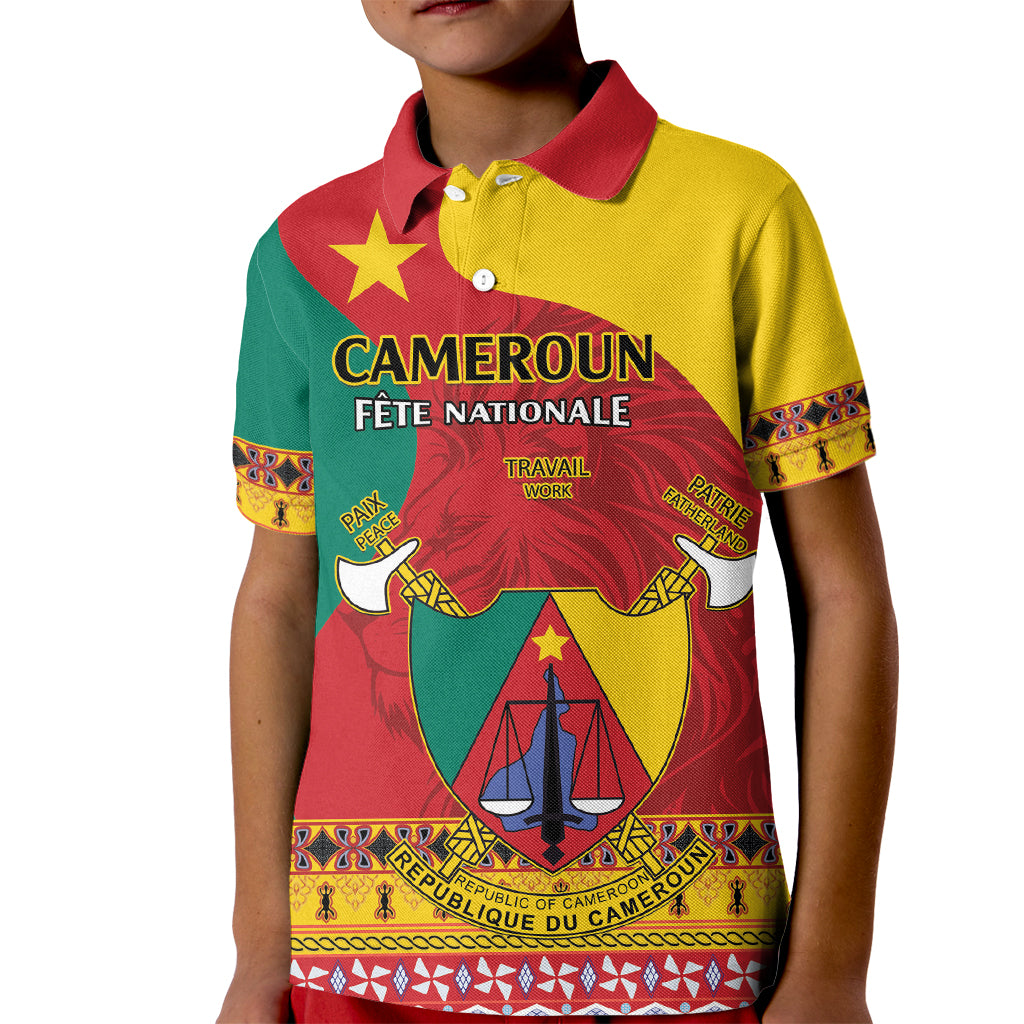 Personalised Cameroon National Day Kid Polo Shirt Cameroun Coat Of Arms With Atoghu Pattern - Wonder Print Shop