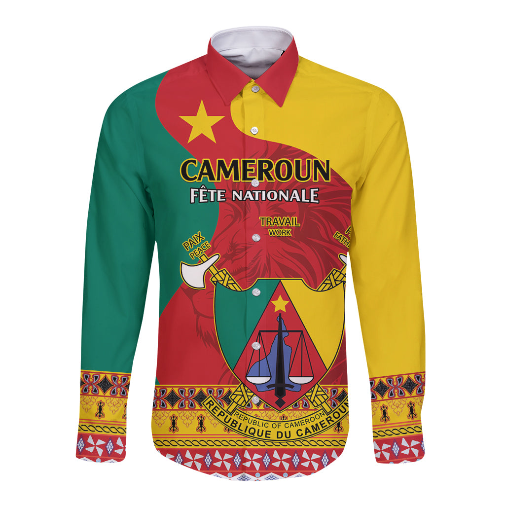 Personalized long-sleeve button shirt with 'CAMEROUN FETE NATIONALE' crest print, green/yellow/red