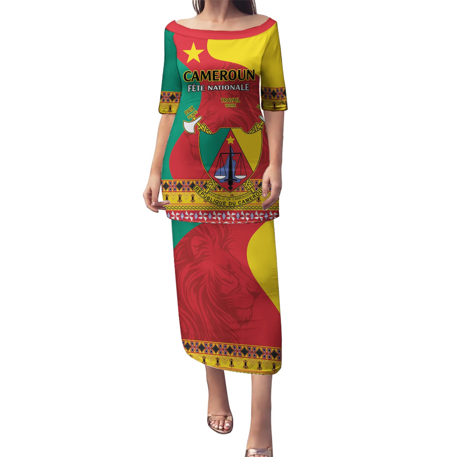 Personalised Cameroon National Day Puletasi Cameroun Coat Of Arms With Atoghu Pattern - Wonder Print Shop