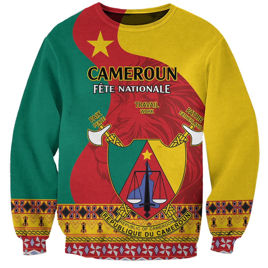 Personalised Cameroon National Day Sweatshirt Cameroun Coat Of Arms With Atoghu Pattern - Wonder Print Shop