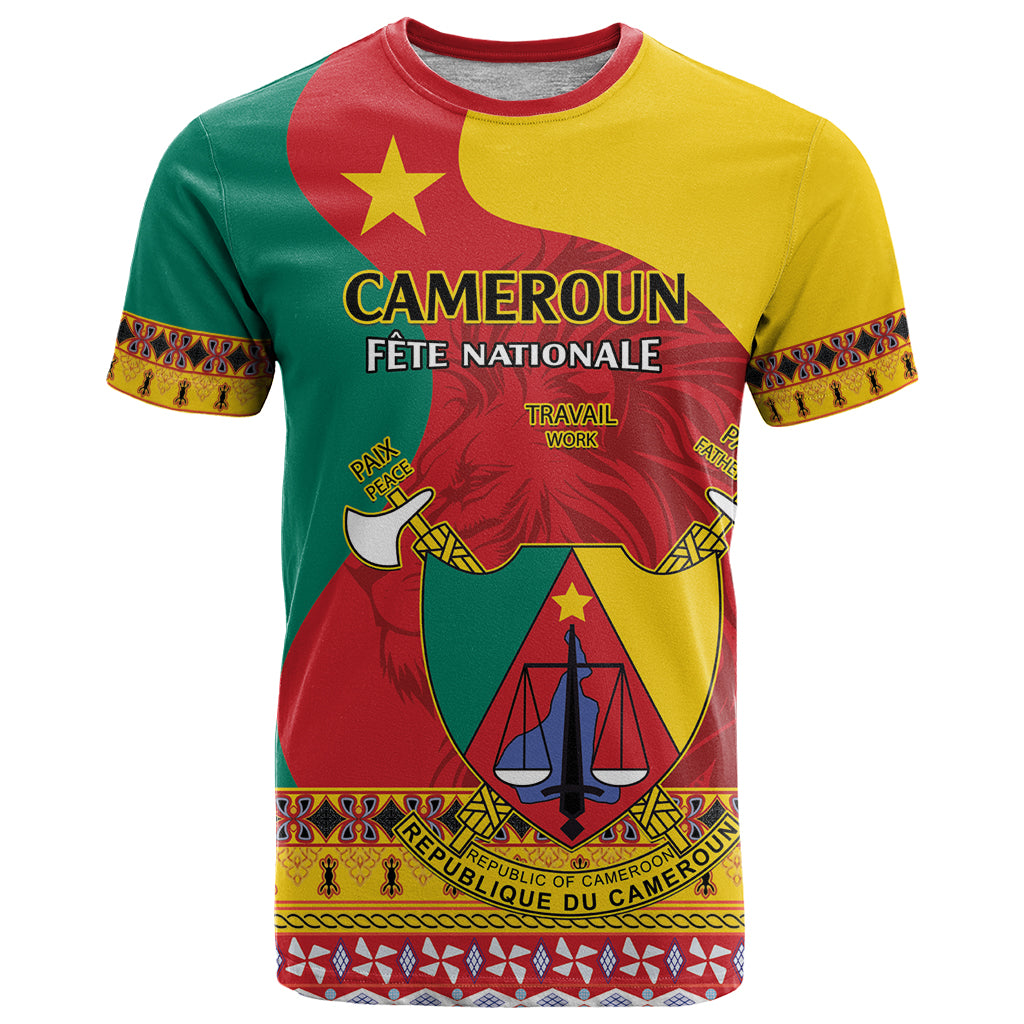 Personalised Cameroon National Day T Shirt Cameroun Coat Of Arms With Atoghu Pattern - Wonder Print Shop