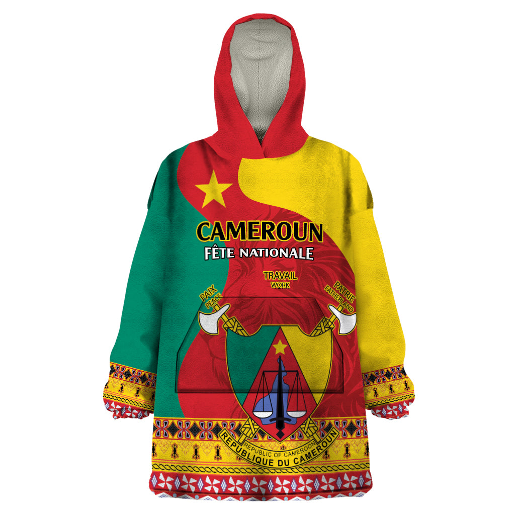 Personalised Cameroon National Day Wearable Blanket Hoodie Cameroun Coat Of Arms With Atoghu Pattern - Wonder Print Shop