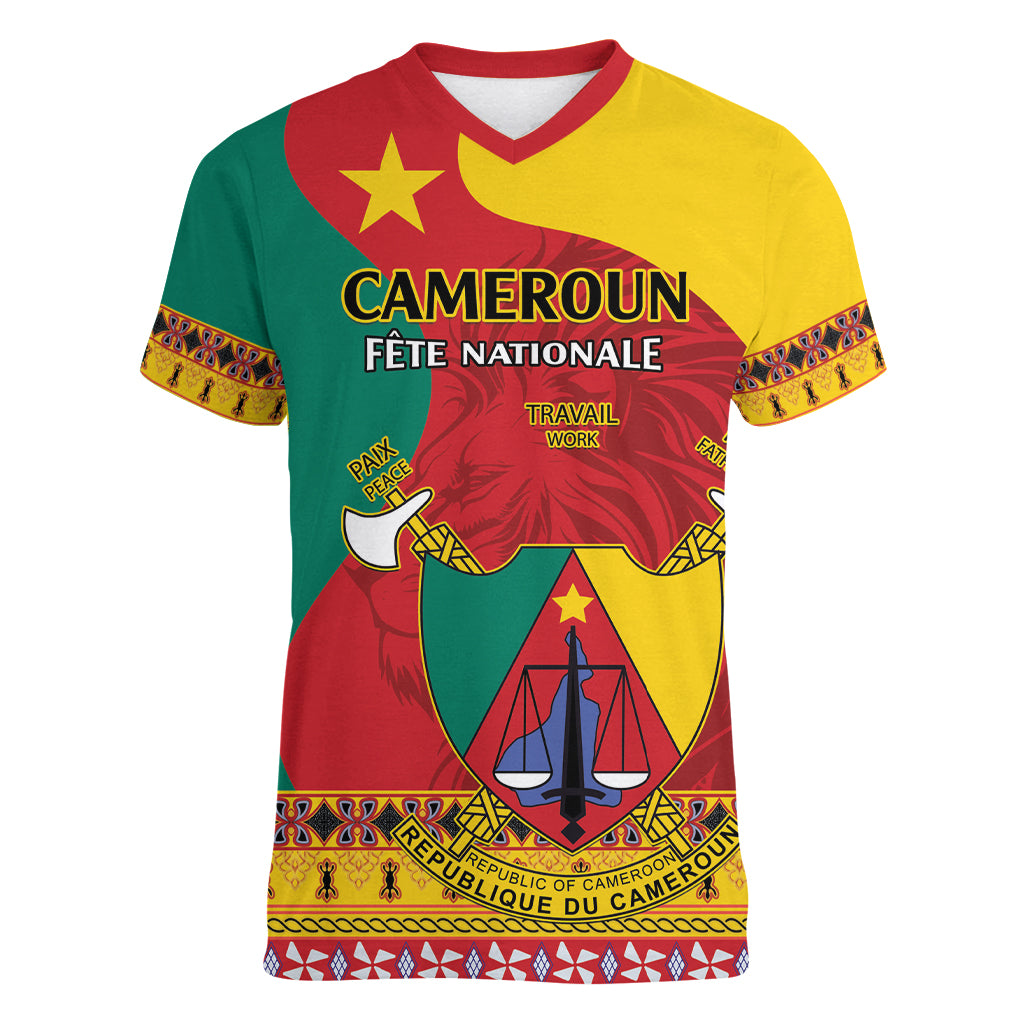 Personalised Cameroon National Day Women V-Neck T-Shirt Cameroun Coat Of Arms With Atoghu Pattern - Wonder Print Shop