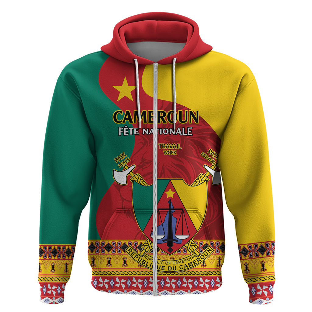 Personalised Cameroon National Day Zip Hoodie Cameroun Coat Of Arms With Atoghu Pattern - Wonder Print Shop