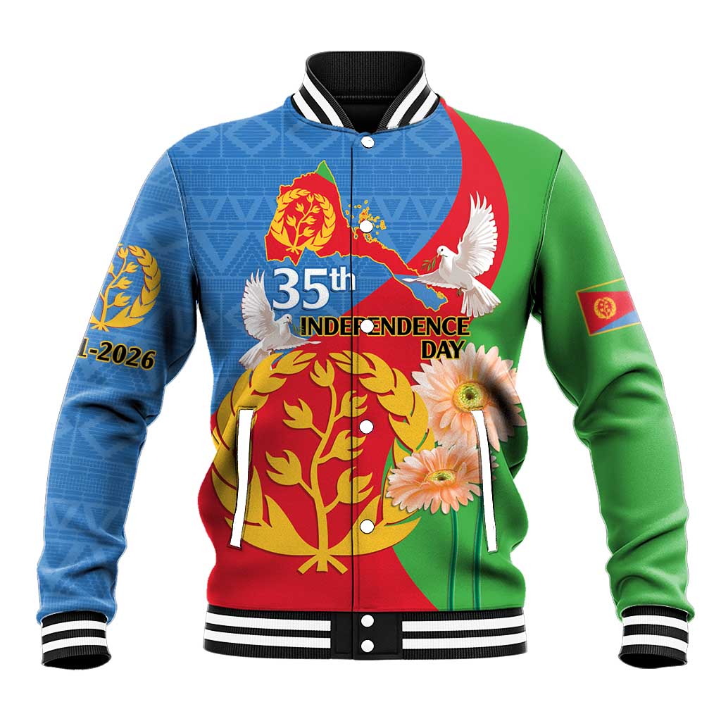Unisex baseball jacket with blue, red, and green panels; colorful 35th Independence Day print