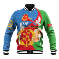 Unisex baseball jacket with blue, red, and green panels; colorful 35th Independence Day print