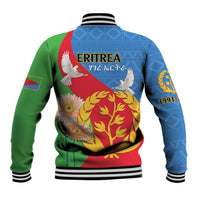 Unisex baseball jacket with back graphic of white birds and yellow emblem on blue and green