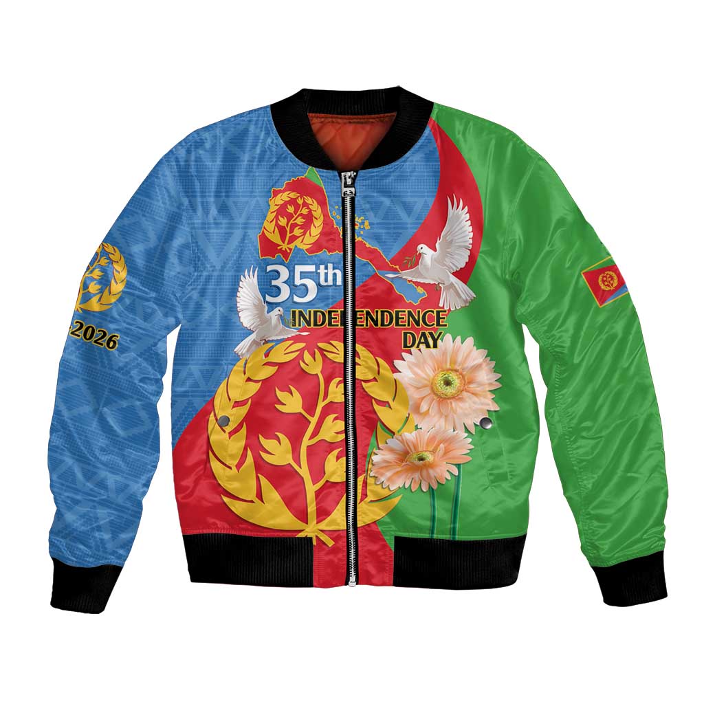 Bomber jacket with blue and green panels, front zipper, '35th Independence Day' graphic with dove