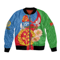 Bomber jacket with blue and green panels, front zipper, '35th Independence Day' graphic with dove