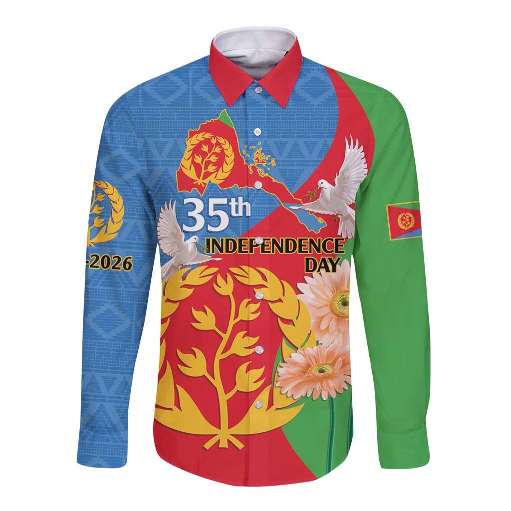 Unisex long-sleeve button shirt with blue, red, and green graphic front print