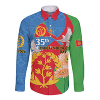 Unisex long-sleeve button shirt with blue, red, and green graphic front print