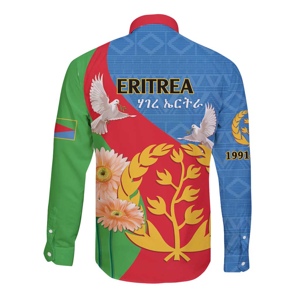 Unisex long-sleeve button shirt with blue back graphic and red-green panels