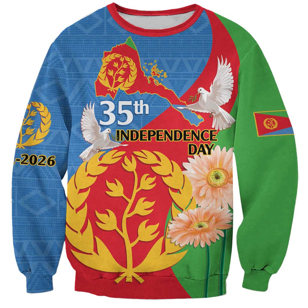 Unisex crewneck sweatshirt with “35th Independence Day” text, map, white doves, gold tree, daisies
