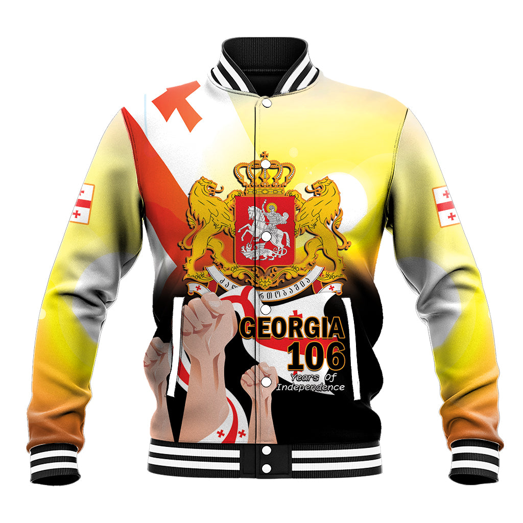 Yellow baseball jacket with striped collar, front crest with lions and Georgia 106 text