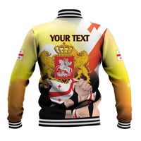 Yellow baseball jacket with striped collar, back crest with lions and 'YOUR TEXT' graphic