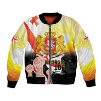 Yellow bomber jacket with full zip, black cuffs, and Georgia 106-year Independence graphic